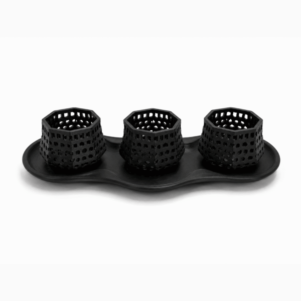 Set de 3 portavelas negros calados con bandeja decorativa impresos en 3D